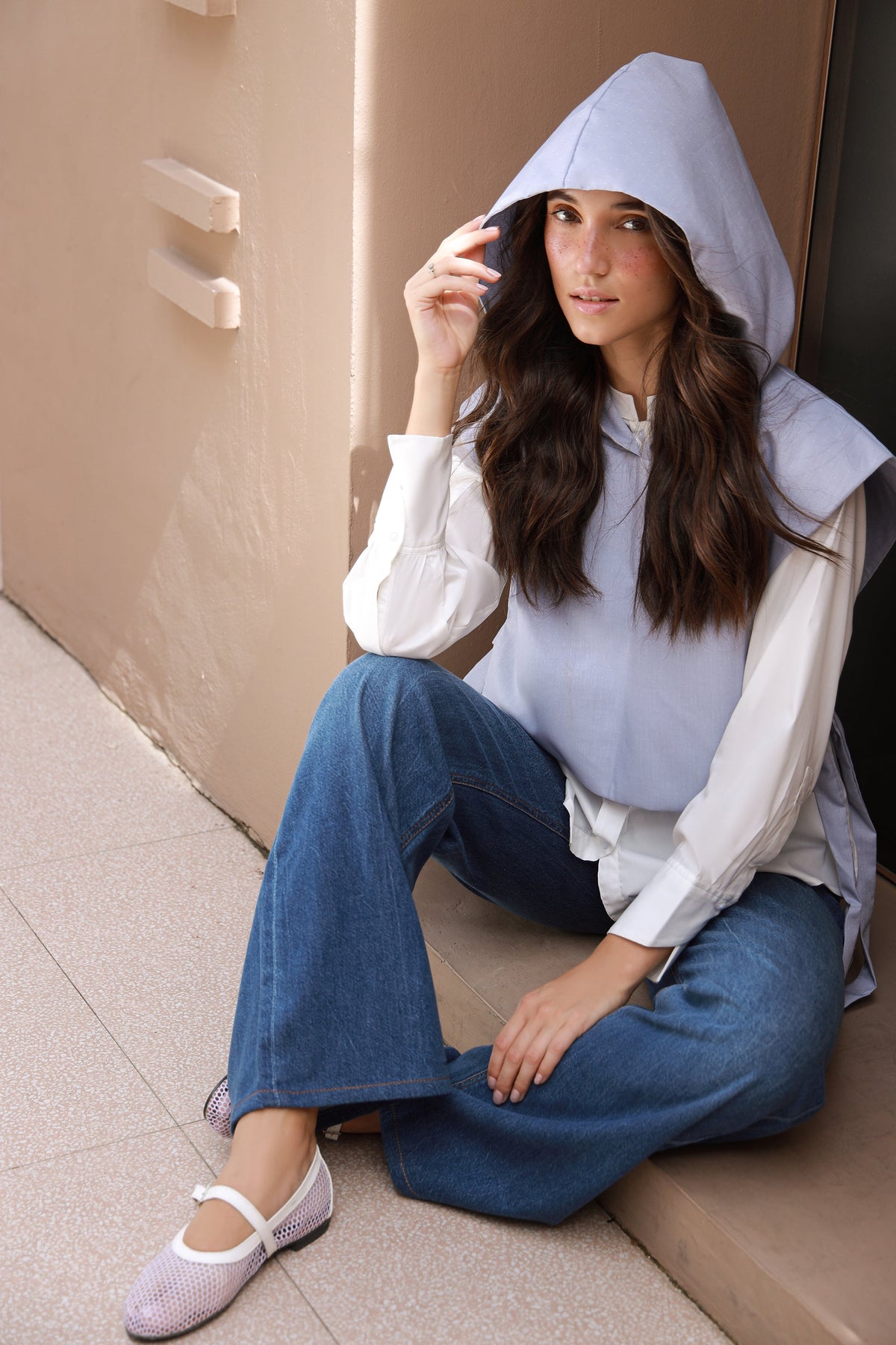 Timeless Duo Layer white shirt with blue hooded overshirt - Timeless by Waliya Noor