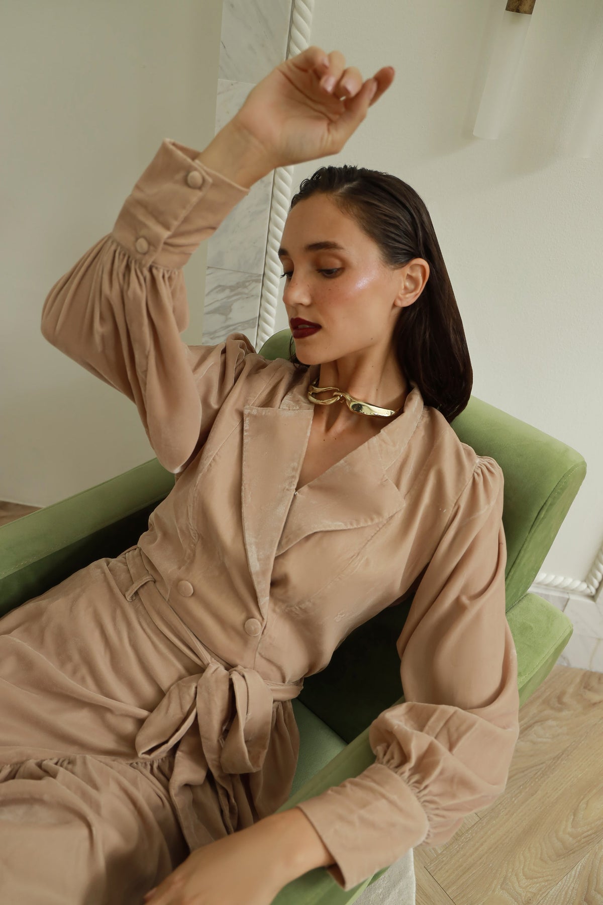 Desert Glow beige velvet coat - Timeless by Waliya Noor