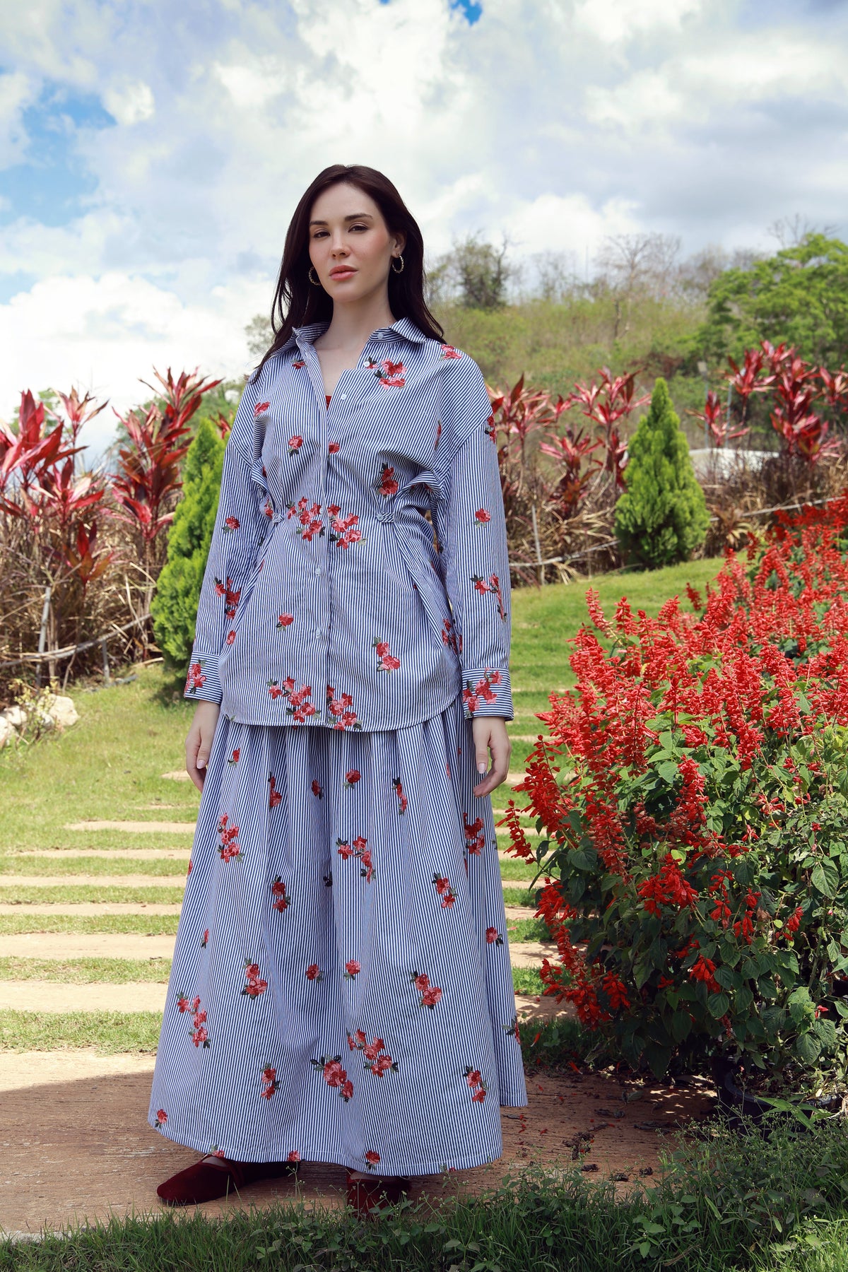 Roses & Stripes striped cotton shirt with rose embroidery - Timeless by Waliya Noor