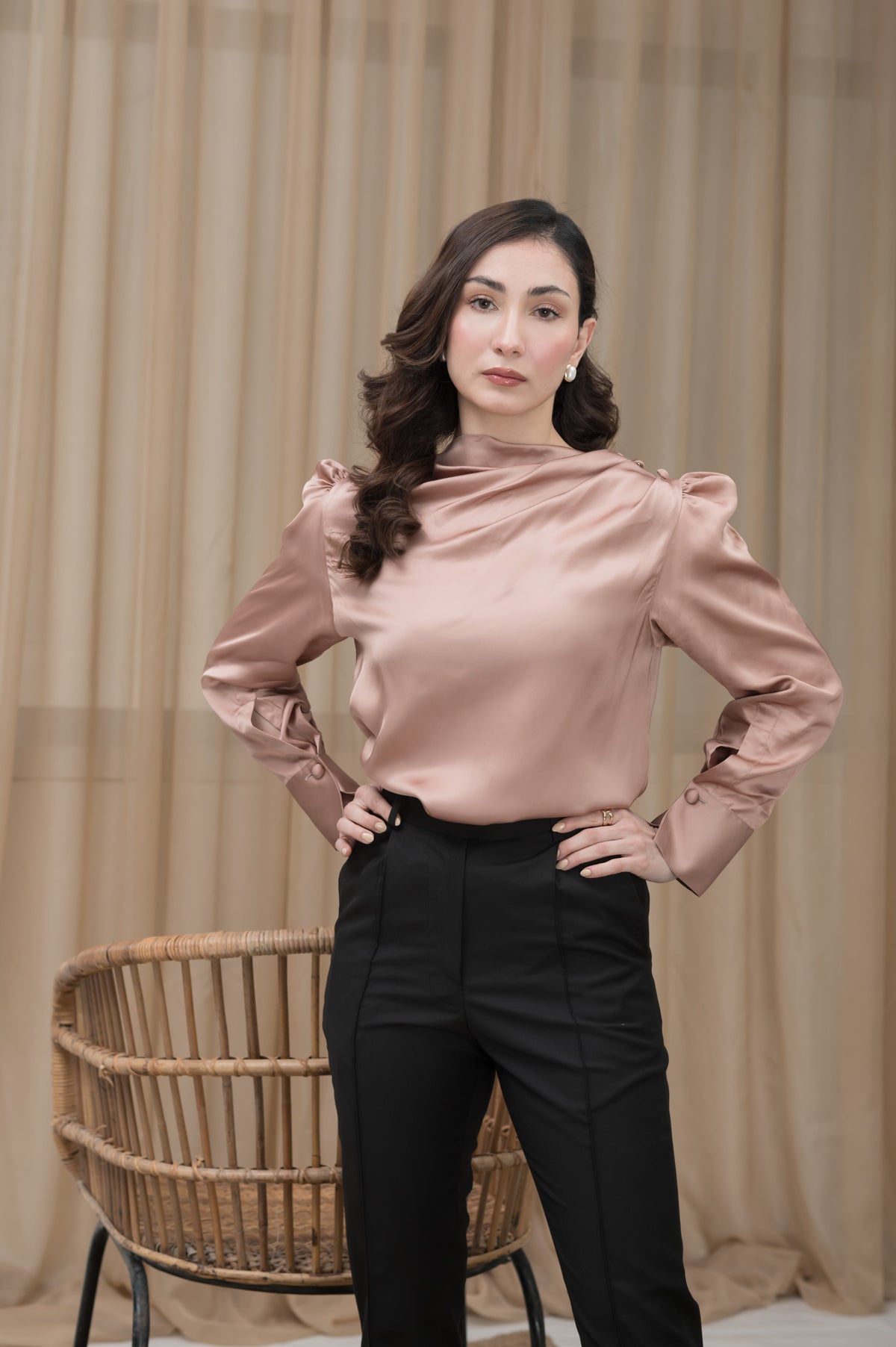 Satin Hour light brown silk shirt - Timeless by Waliya Noor