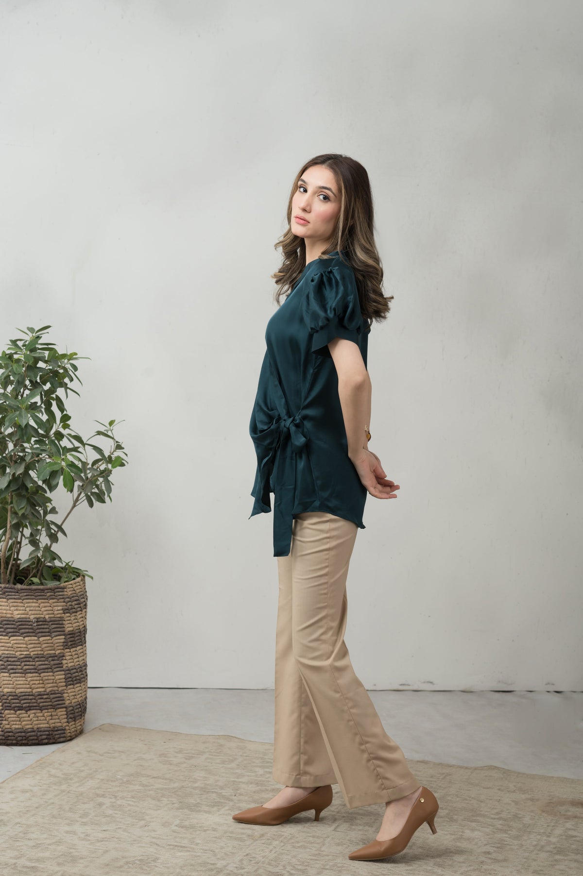 Emerald Drift zinc grey silk shirt with side tie - Timeless by Waliya Noor