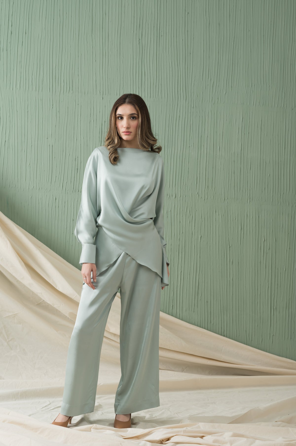 Cerina green silk co-ord set with trousers - Timeless by Waliya Noor