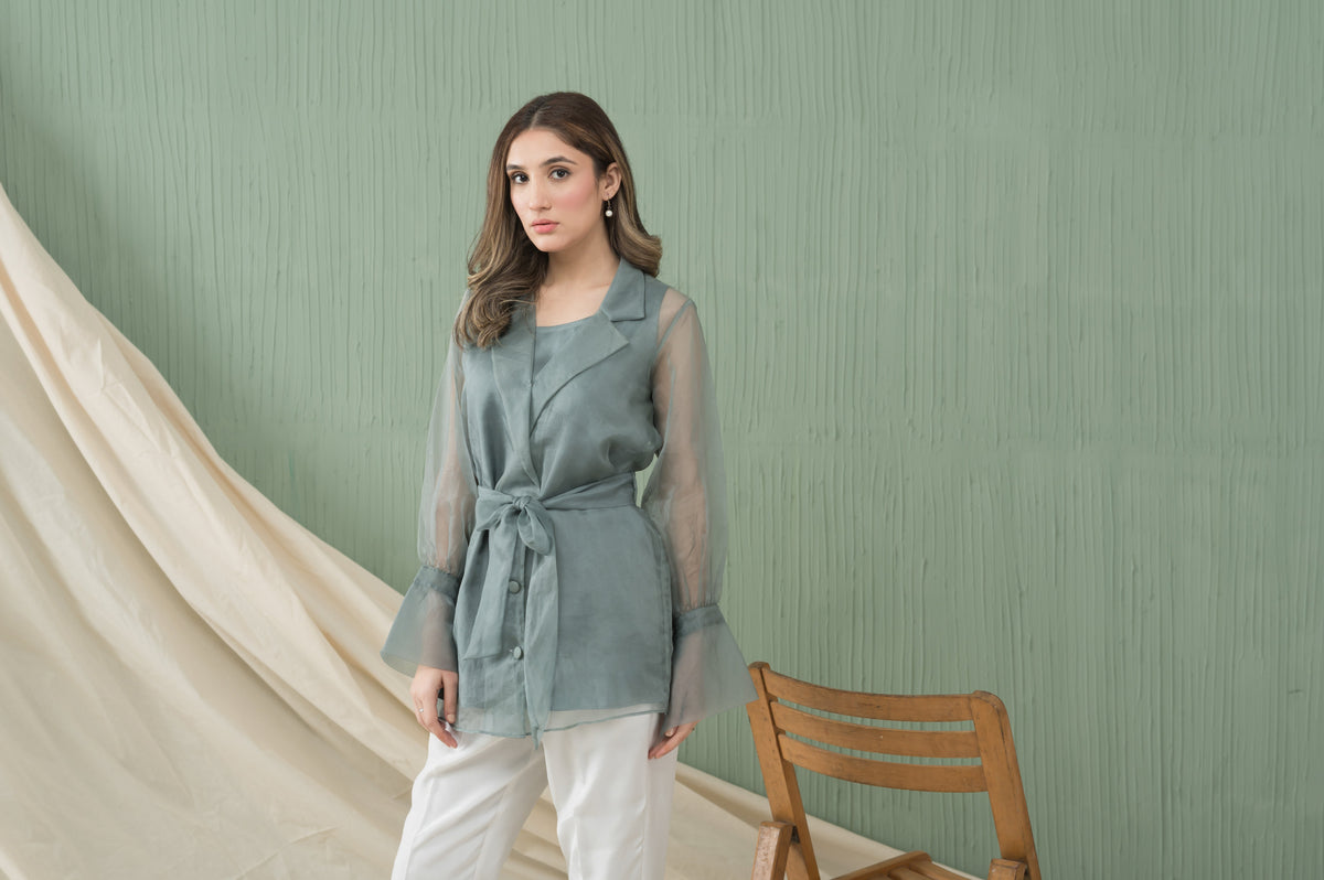 Blue Haze dusty blue organza shirt - Timeless by Waliya Noor