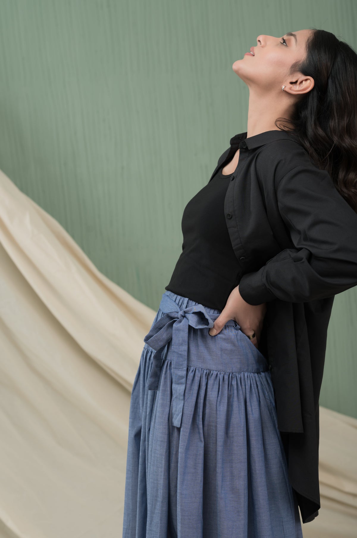 Azure Days blue denim-style cotton skirt with bow - Timeless by Waliya Noor