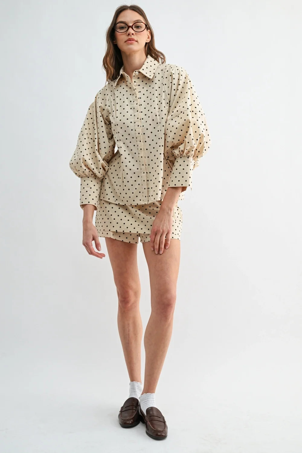 Taupe Polka Puff Sleeve polka-dot blouse - Timeless by Waliya Noor