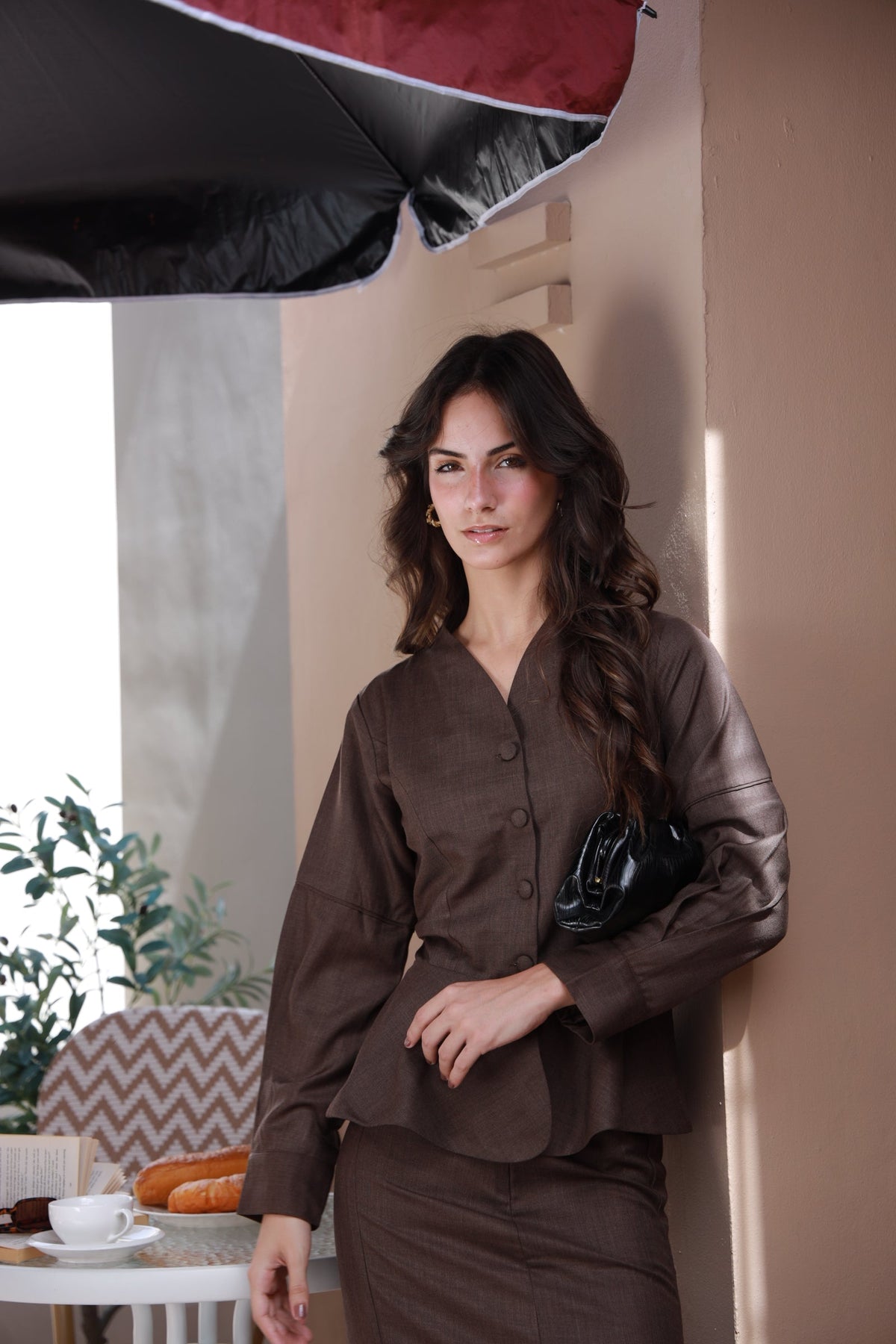Espresso Chic dark brown wool shirt and skirt set - Timeless by Waliya Noor