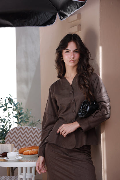 Espresso Chic dark brown wool shirt and skirt set - Timeless by Waliya Noor