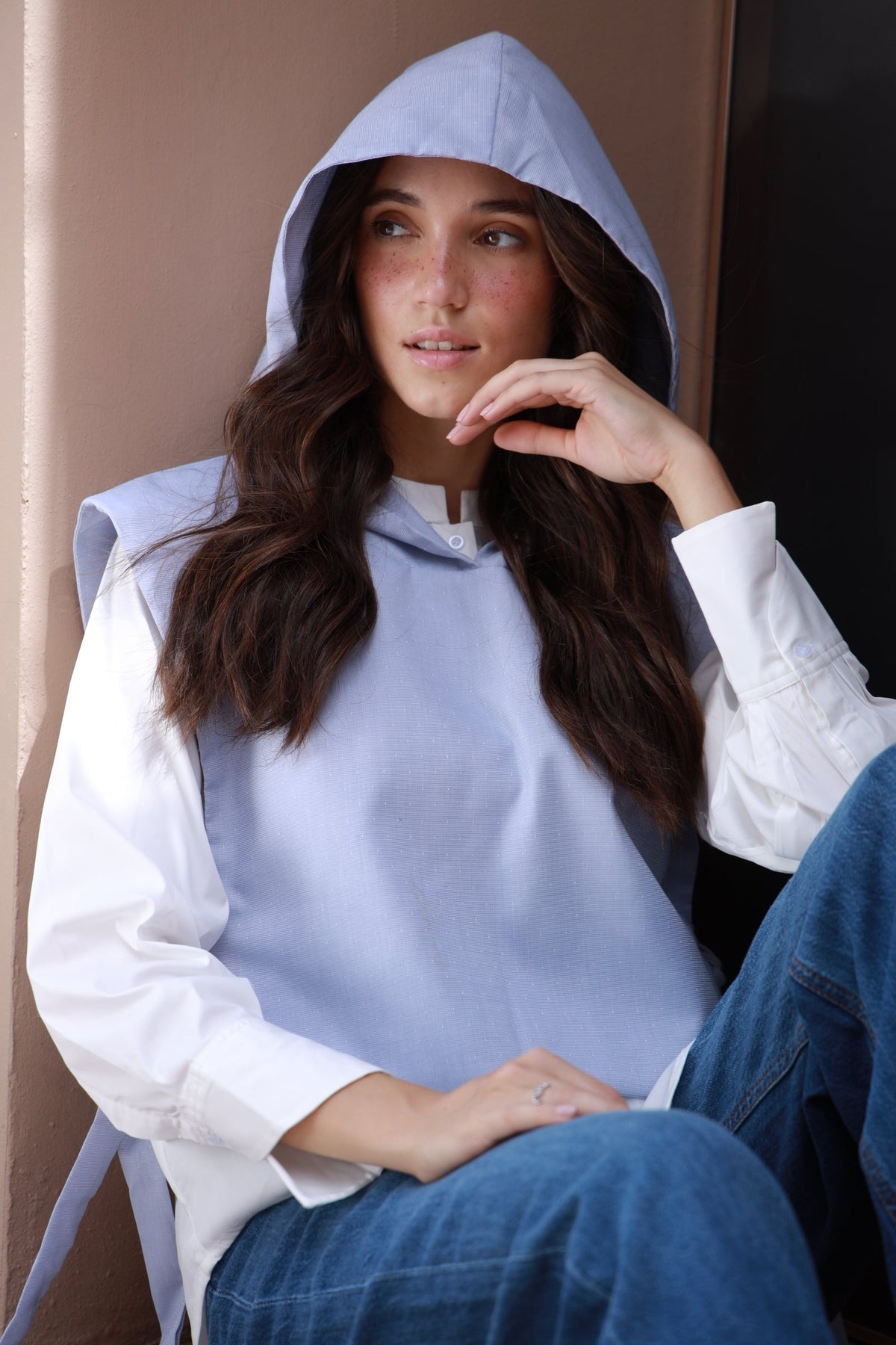 Timeless Duo Layer white shirt with blue hooded overshirt - Timeless by Waliya Noor