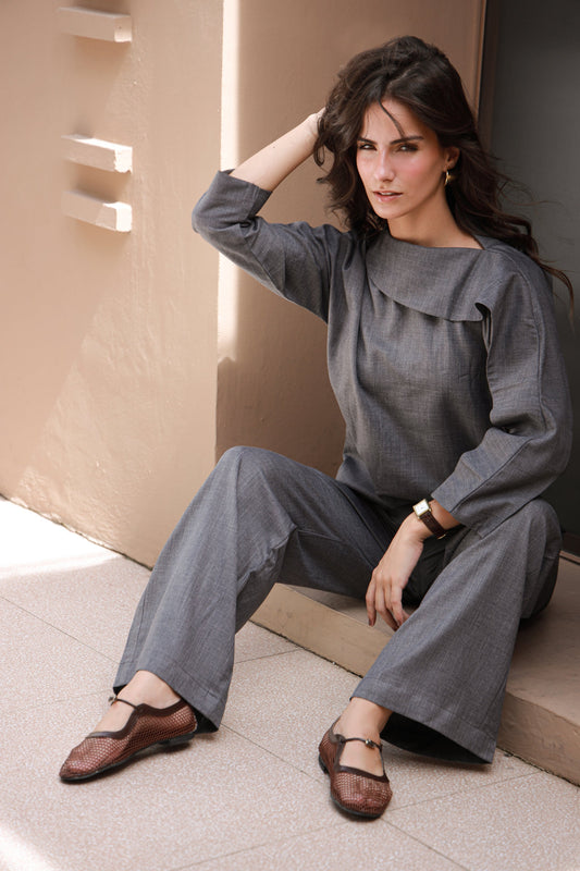 Charcoal Luxe dark grey wool shirt and pants set - Timeless by Waliya Noor