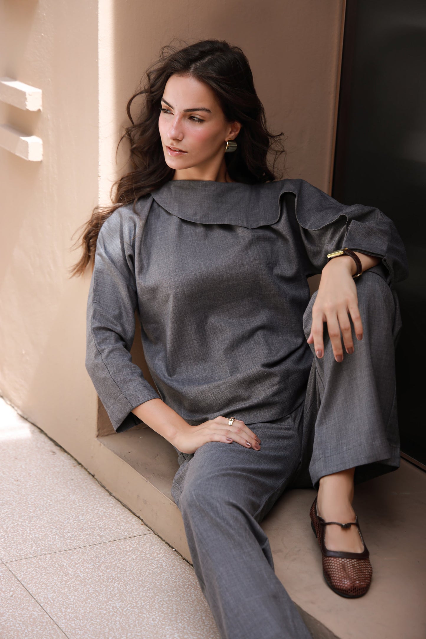Charcoal Luxe grey formal wool shirt - Timeless by Waliya Noor