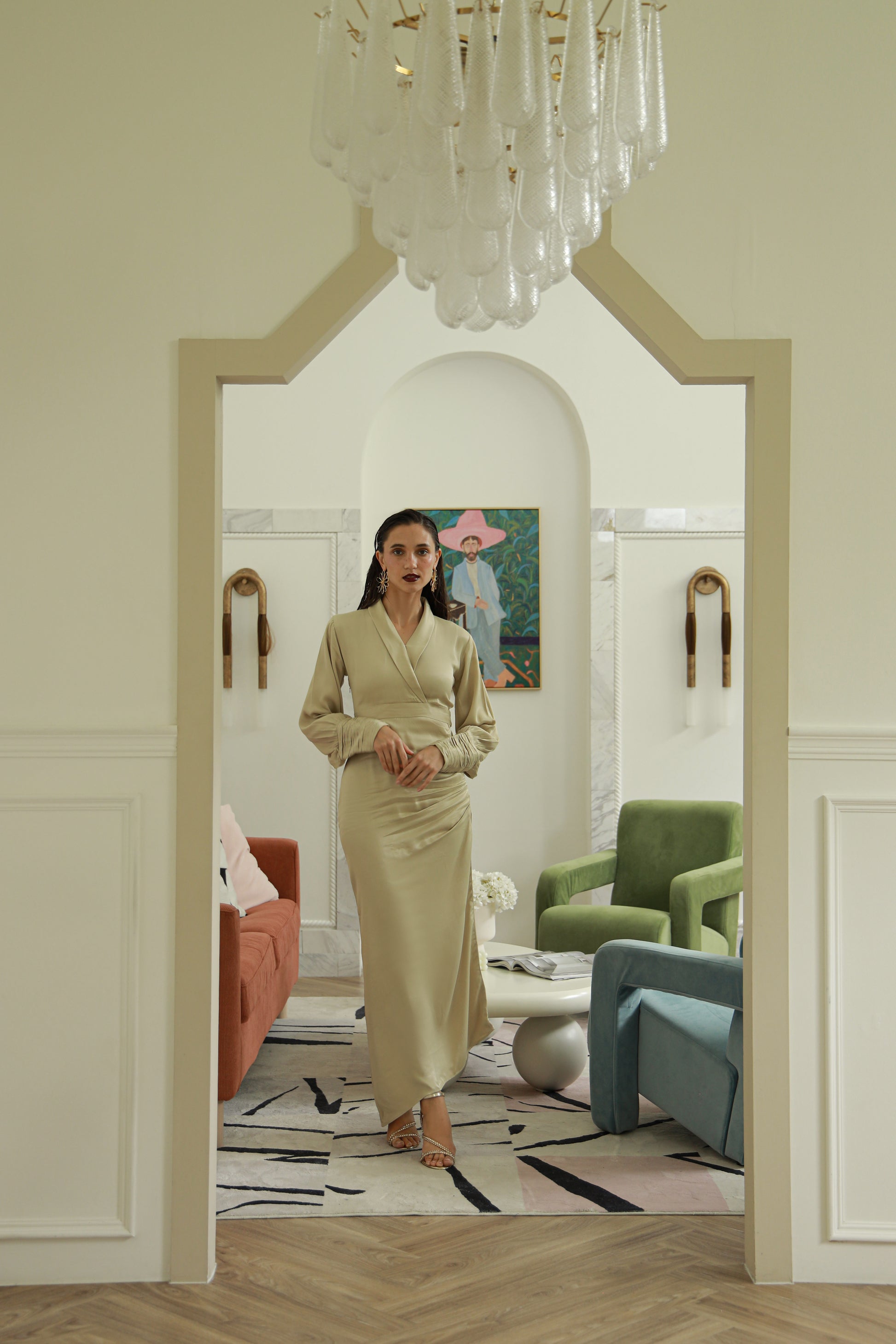 Woman in a beige dress