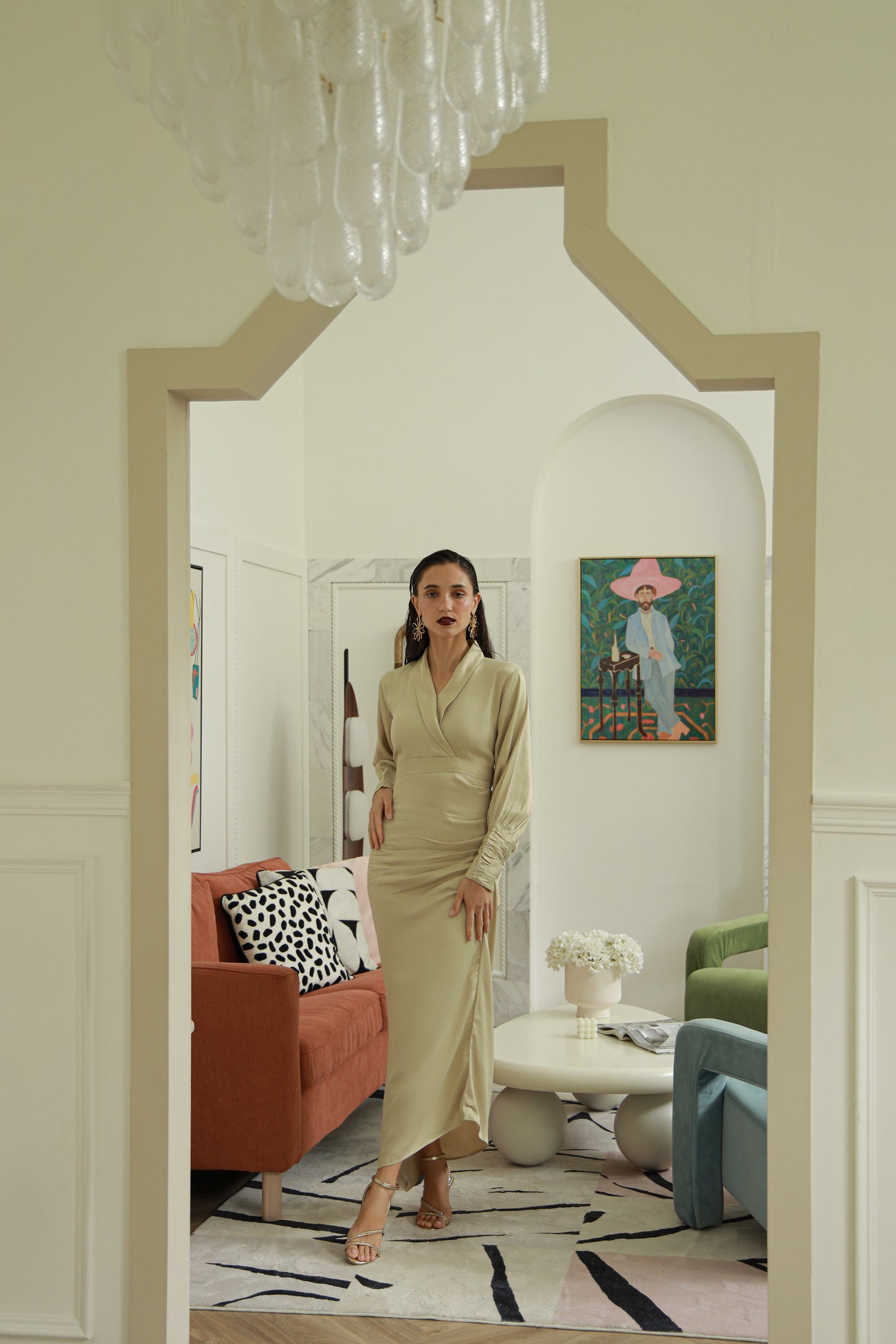 Woman in a beige dress