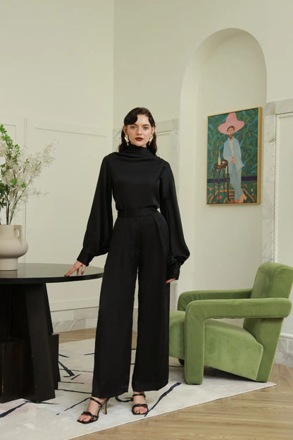 Noir Enchanté black silk co-ord set - Timeless by Waliya Noor