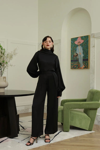 Noir Enchanté black silk co-ord set - Timeless by Waliya Noor