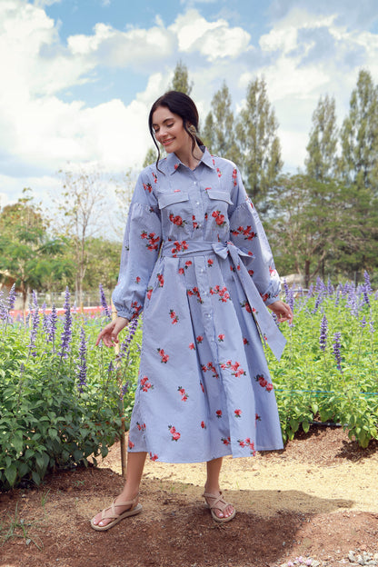 Rosette Stripes striped cotton dress with pink embroidery - Timeless by Waliya Noor