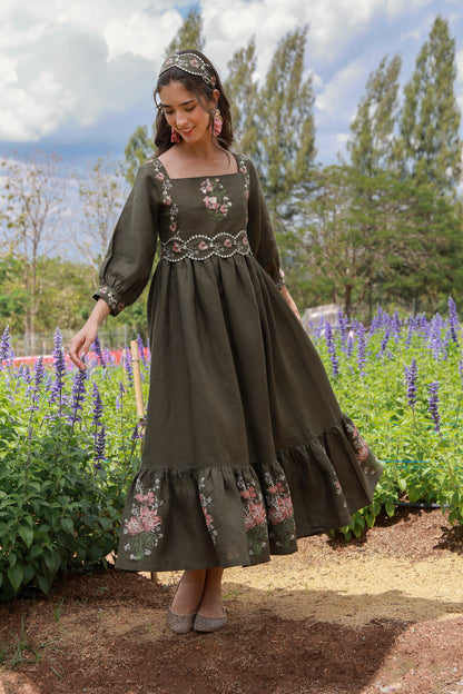 Olive Heirloom – Embroidered Irish Linen Dress