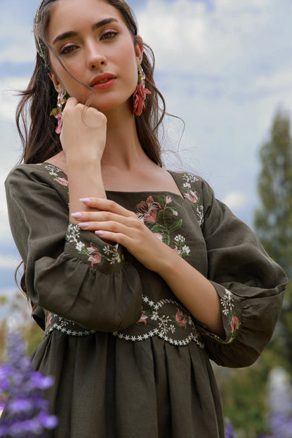 Olive Heirloom – Embroidered Irish Linen Dress