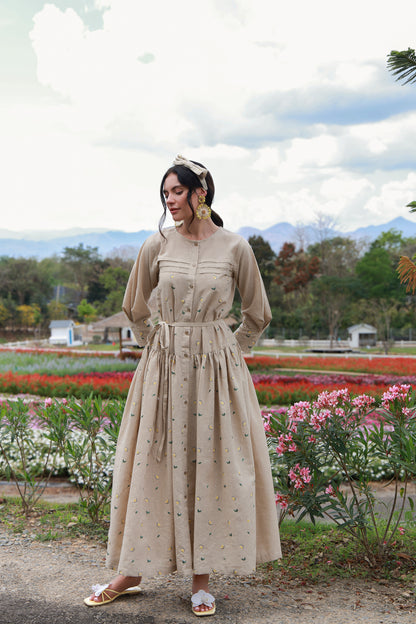 Lemon Heirloom women’s Irish linen dress with lemon print by Timeless by Waliya Noor.