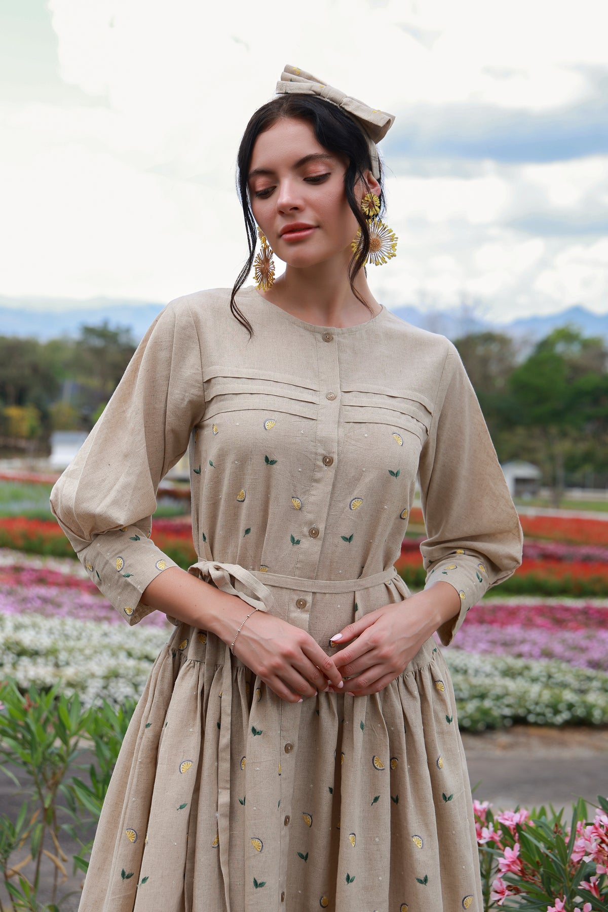 Lemon Heirloom women’s Irish linen dress with lemon print by Timeless by Waliya Noor.