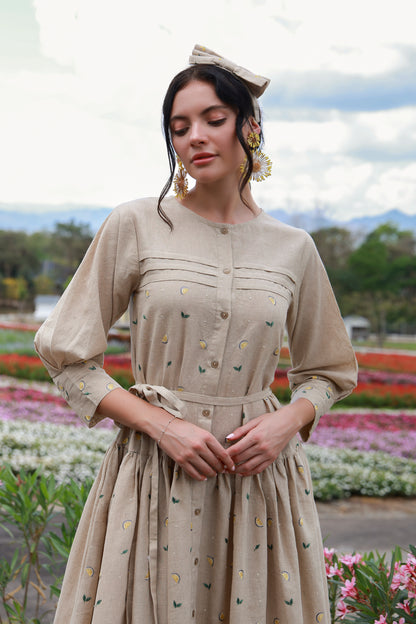Lemon Heirloom women’s Irish linen dress with lemon print by Timeless by Waliya Noor.