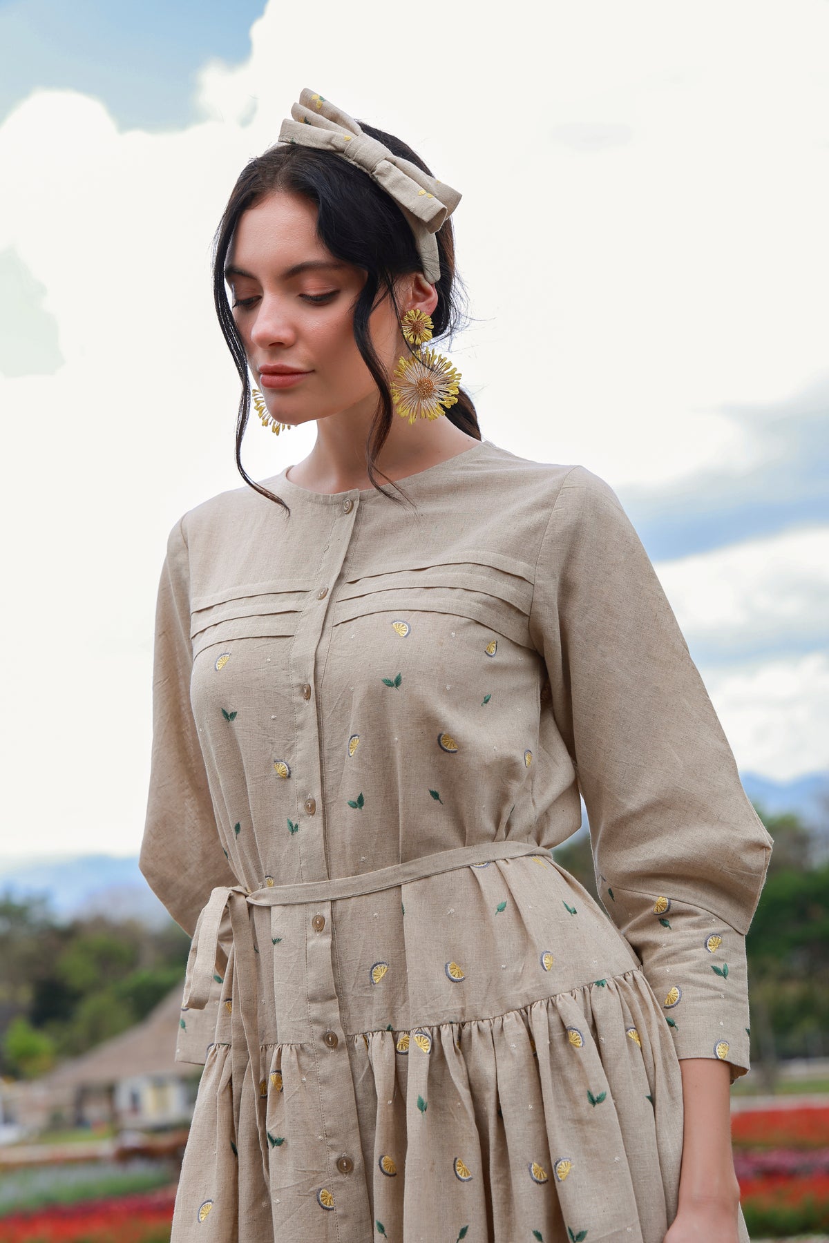 Lemon Heirloom women’s Irish linen dress with lemon print by Timeless by Waliya Noor.