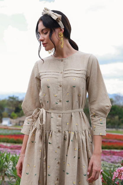 Lemon Heirloom women’s Irish linen dress with lemon print by Timeless by Waliya Noor.