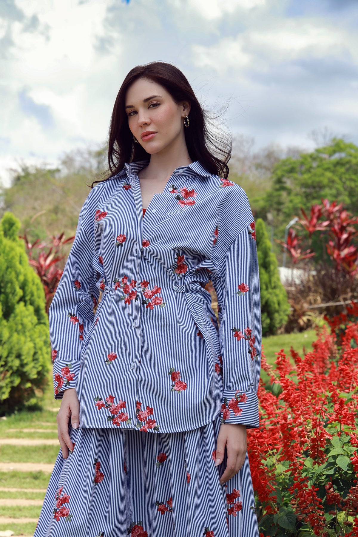 Roses & Stripes striped cotton shirt with rose embroidery - Timeless by Waliya Noor