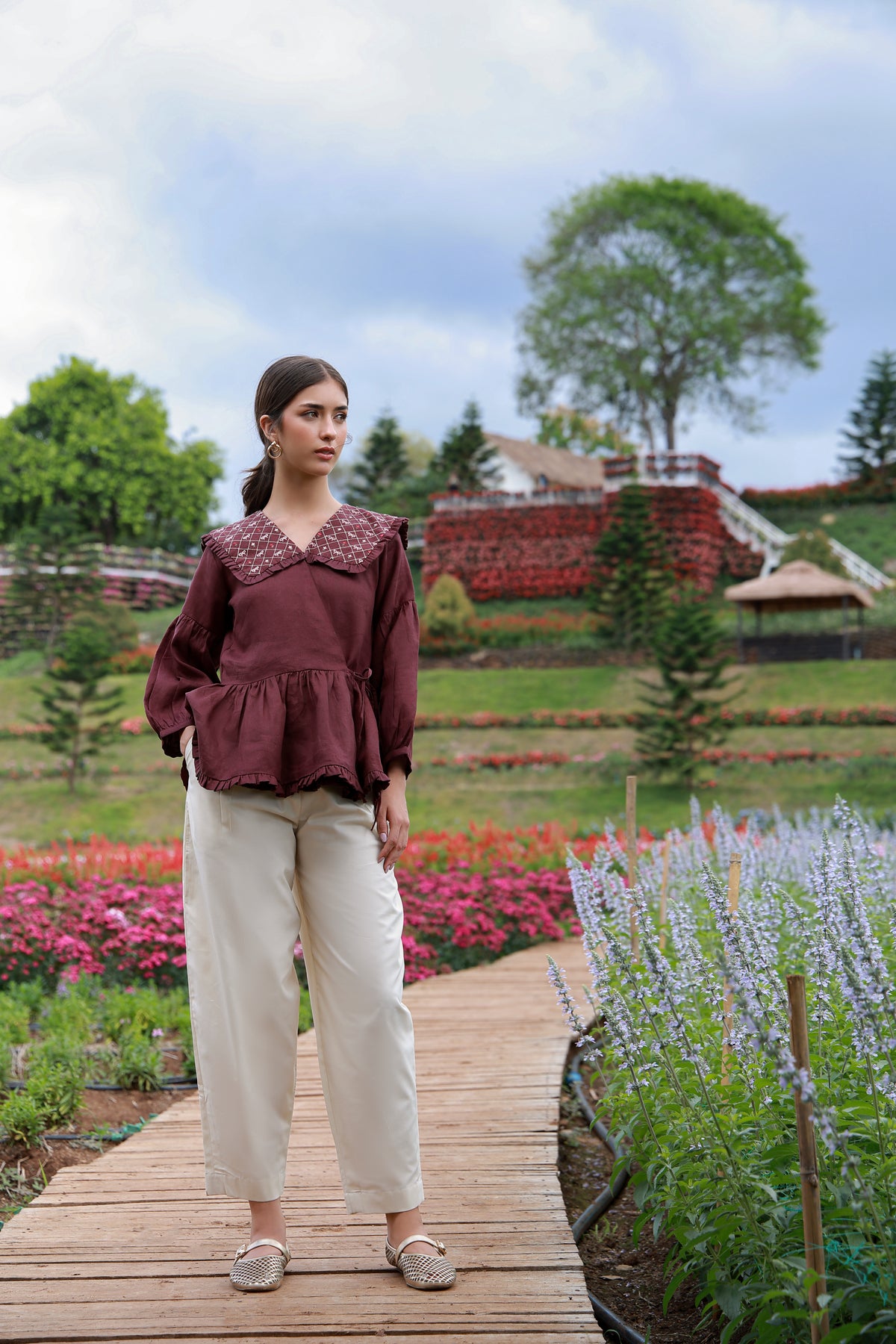 Claret Muse maroon embroidered Irish linen shirt