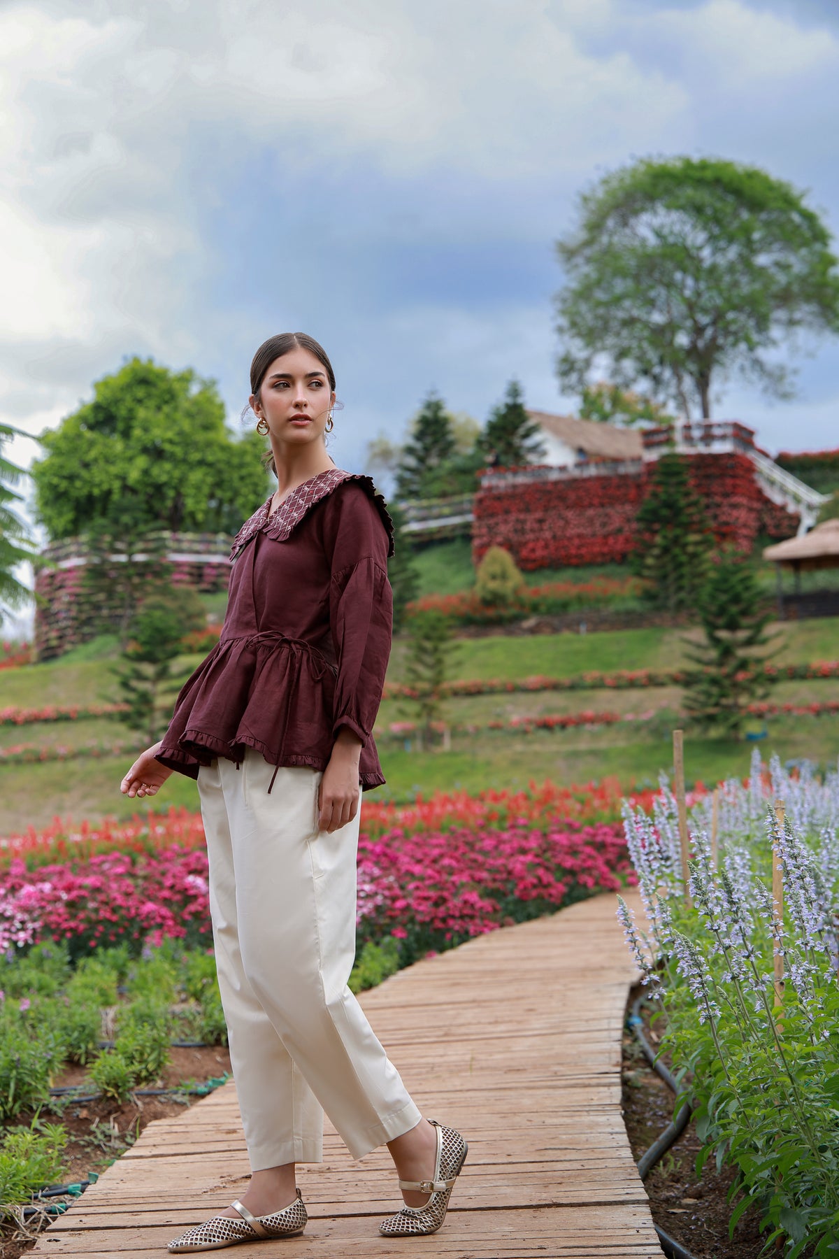 Claret Muse maroon embroidered Irish linen shirt