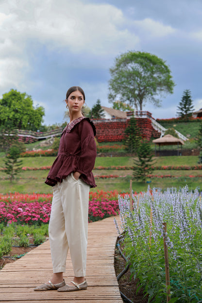Claret Muse maroon embroidered Irish linen shirt