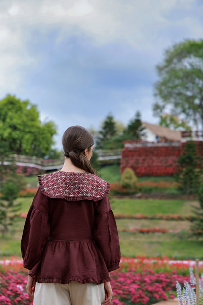 Claret Muse maroon embroidered Irish linen shirt