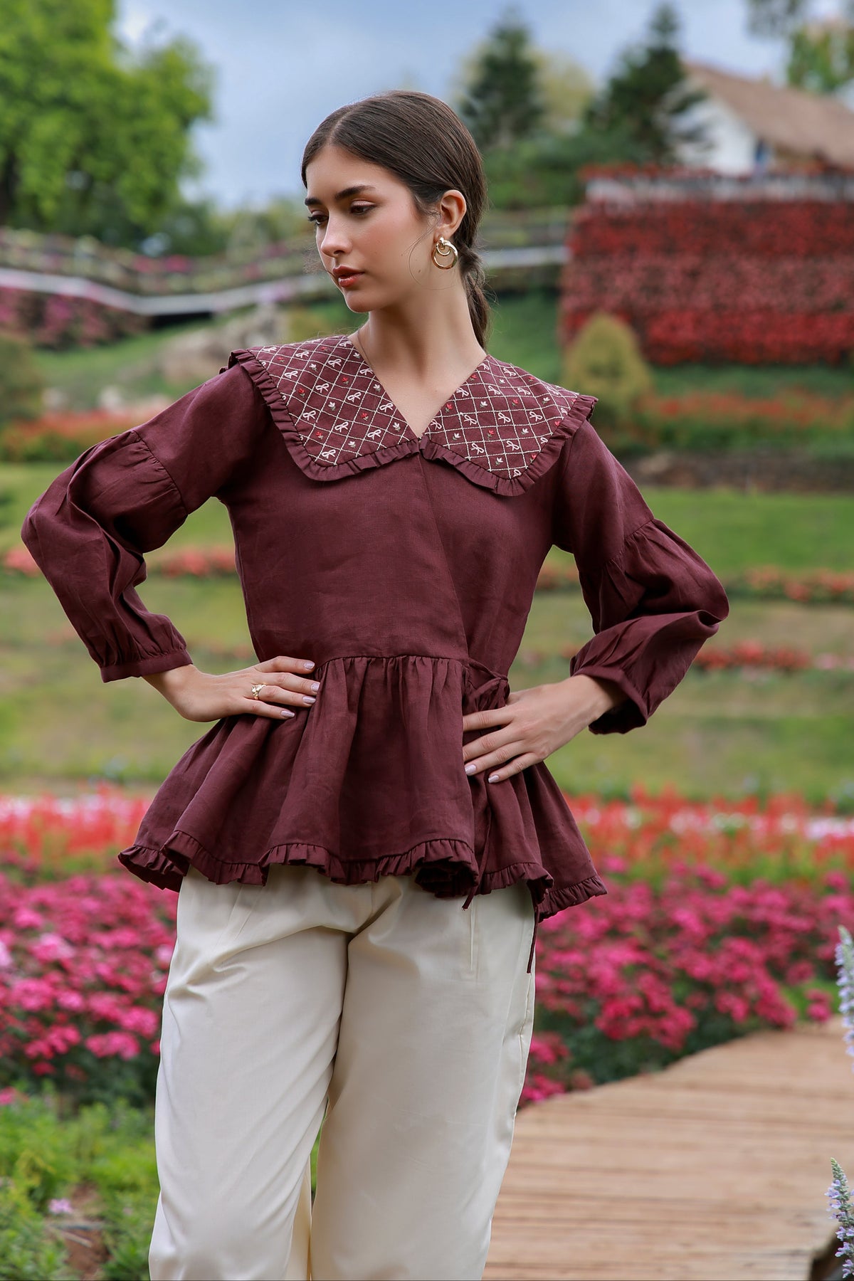 Claret Muse maroon embroidered Irish linen shirt