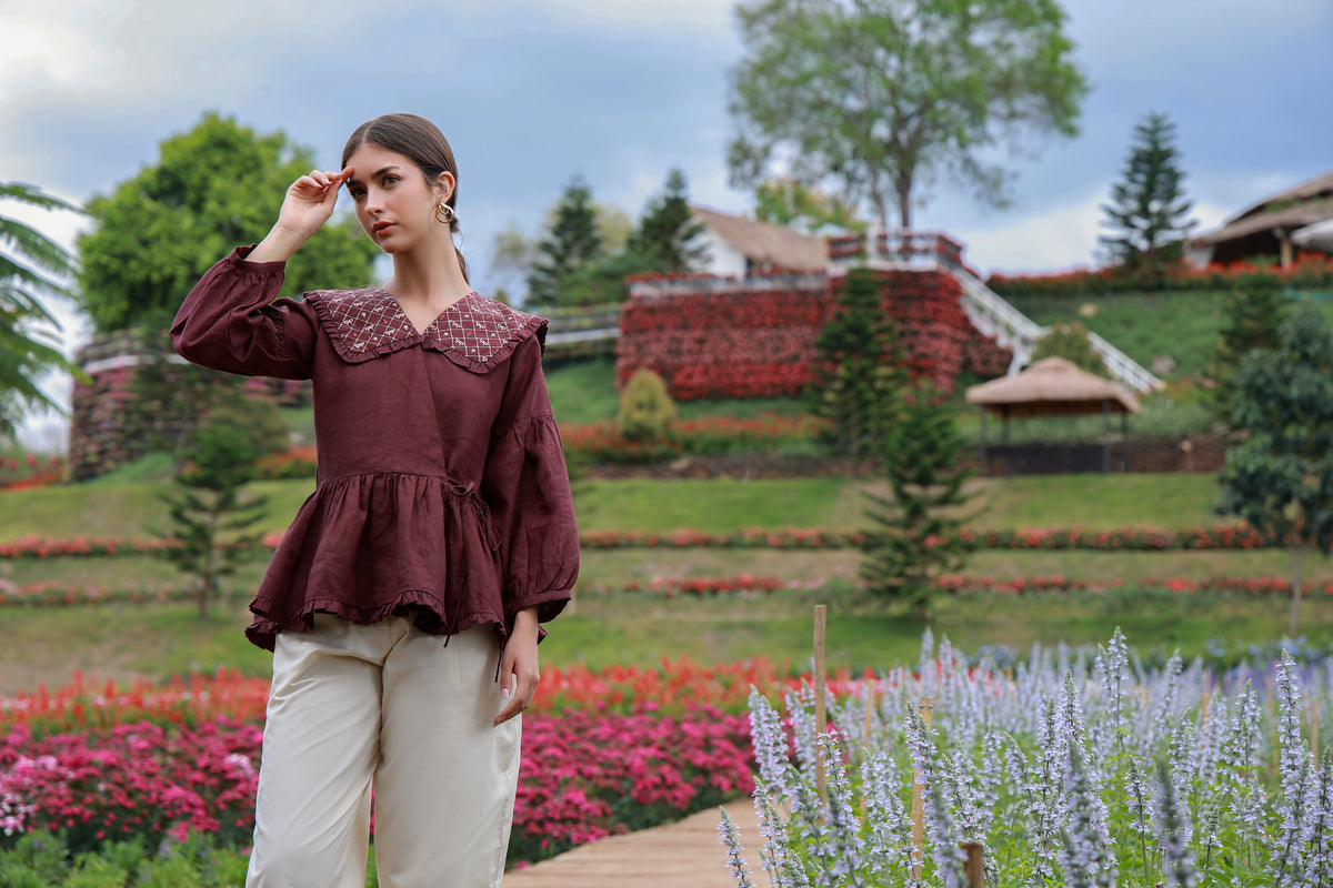 Claret Muse maroon embroidered Irish linen shirt