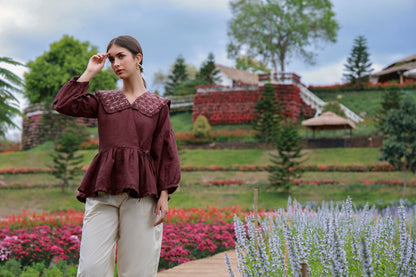Claret Muse maroon embroidered Irish linen shirt
