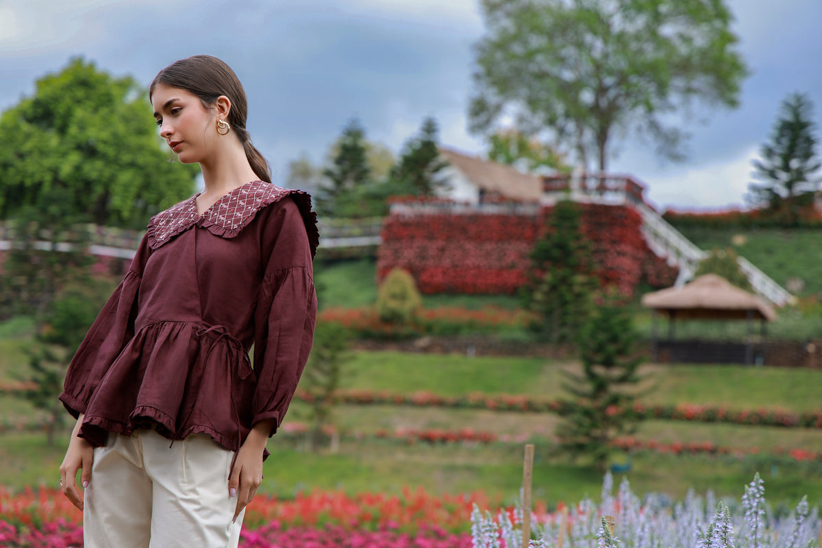 Claret Muse maroon embroidered Irish linen shirt