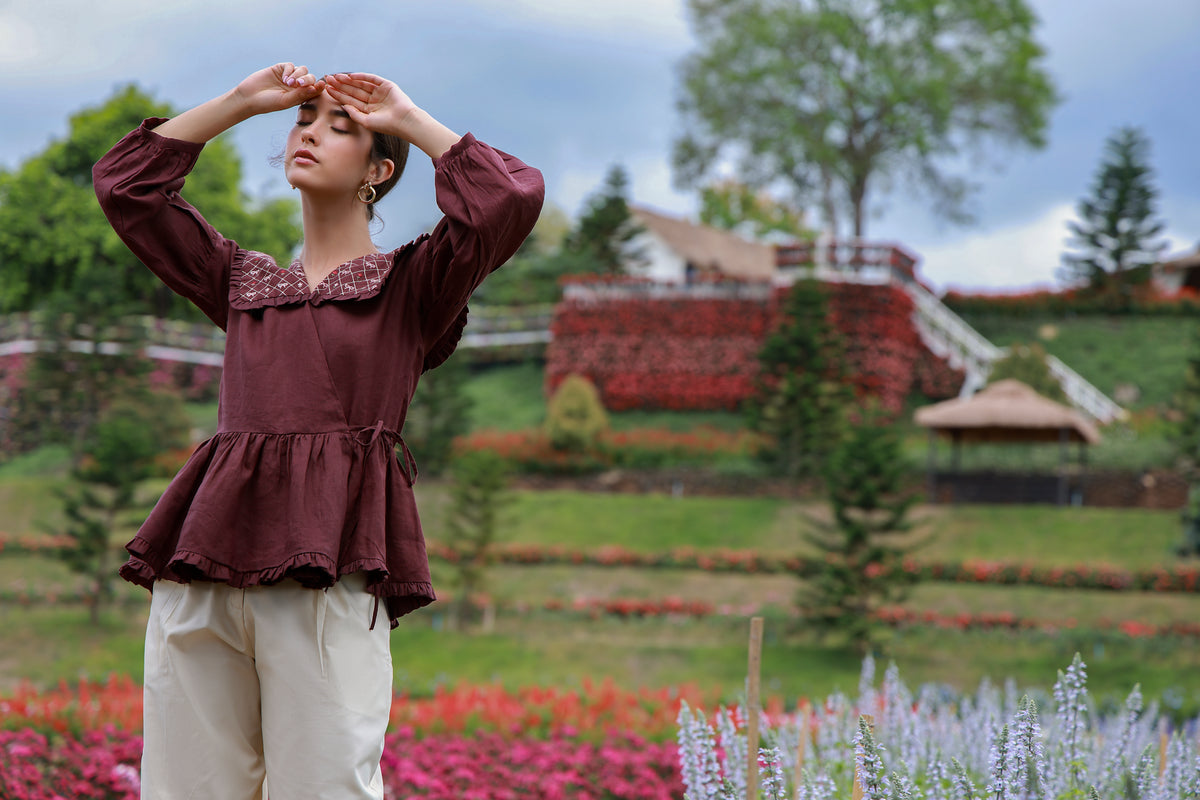 Claret Muse maroon embroidered Irish linen shirt