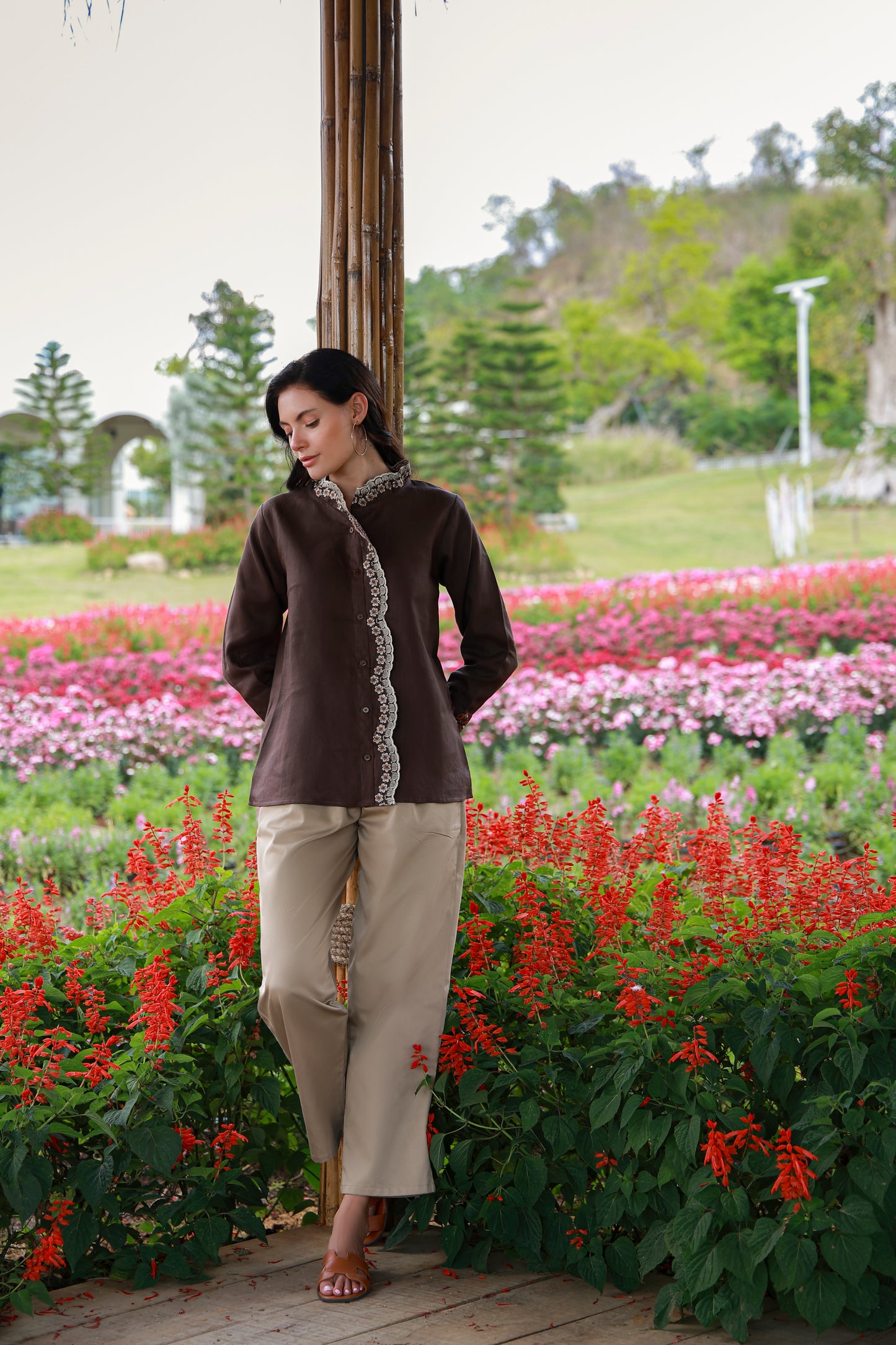 Cocoa Bloom brown floral embroidered women’s shirt by Timeless by Waliya Noor
