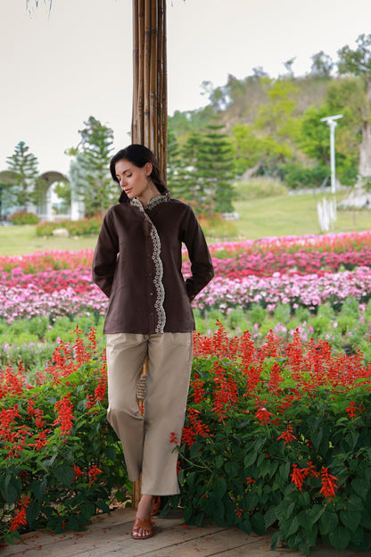 Cocoa Bloom brown floral embroidered women’s shirt by Timeless by Waliya Noor
