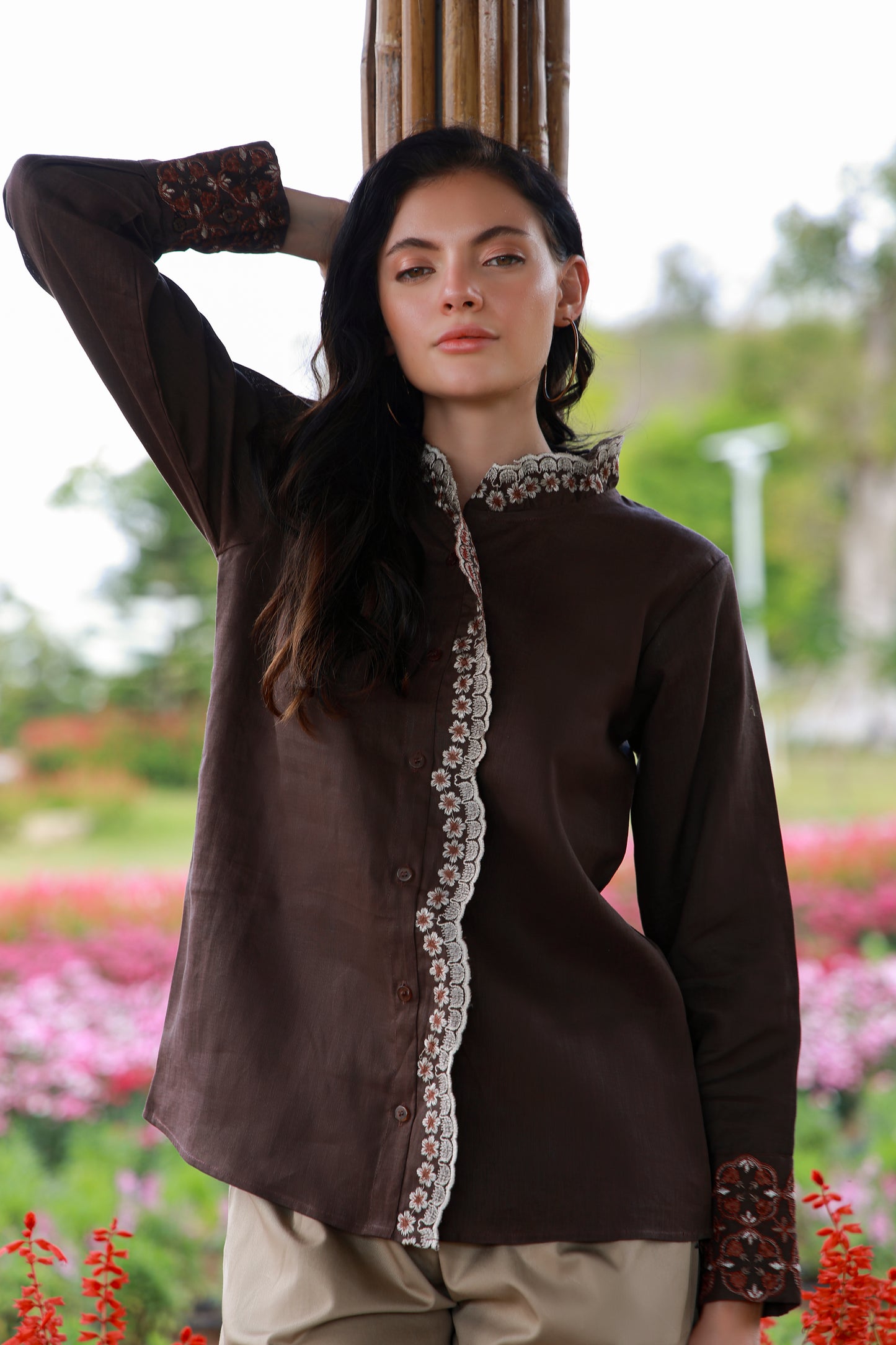 Cocoa Bloom brown floral embroidered women’s shirt by Timeless by Waliya Noor