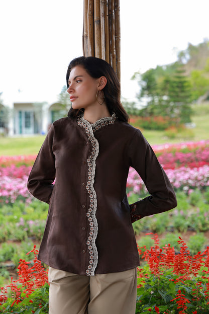 Cocoa Bloom brown floral embroidered women’s shirt by Timeless by Waliya Noor