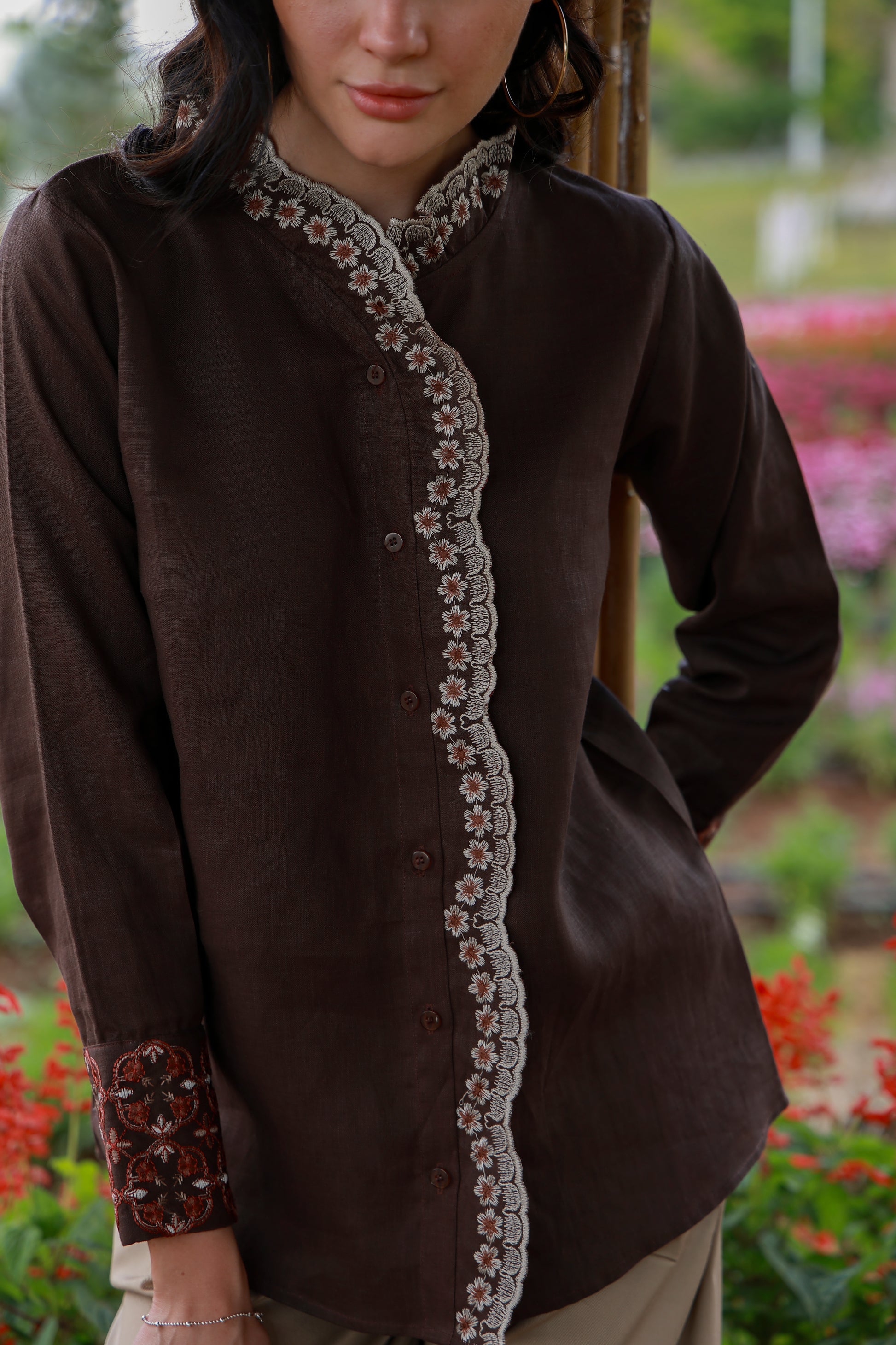 Cocoa Bloom brown floral embroidered women’s shirt by Timeless by Waliya Noor