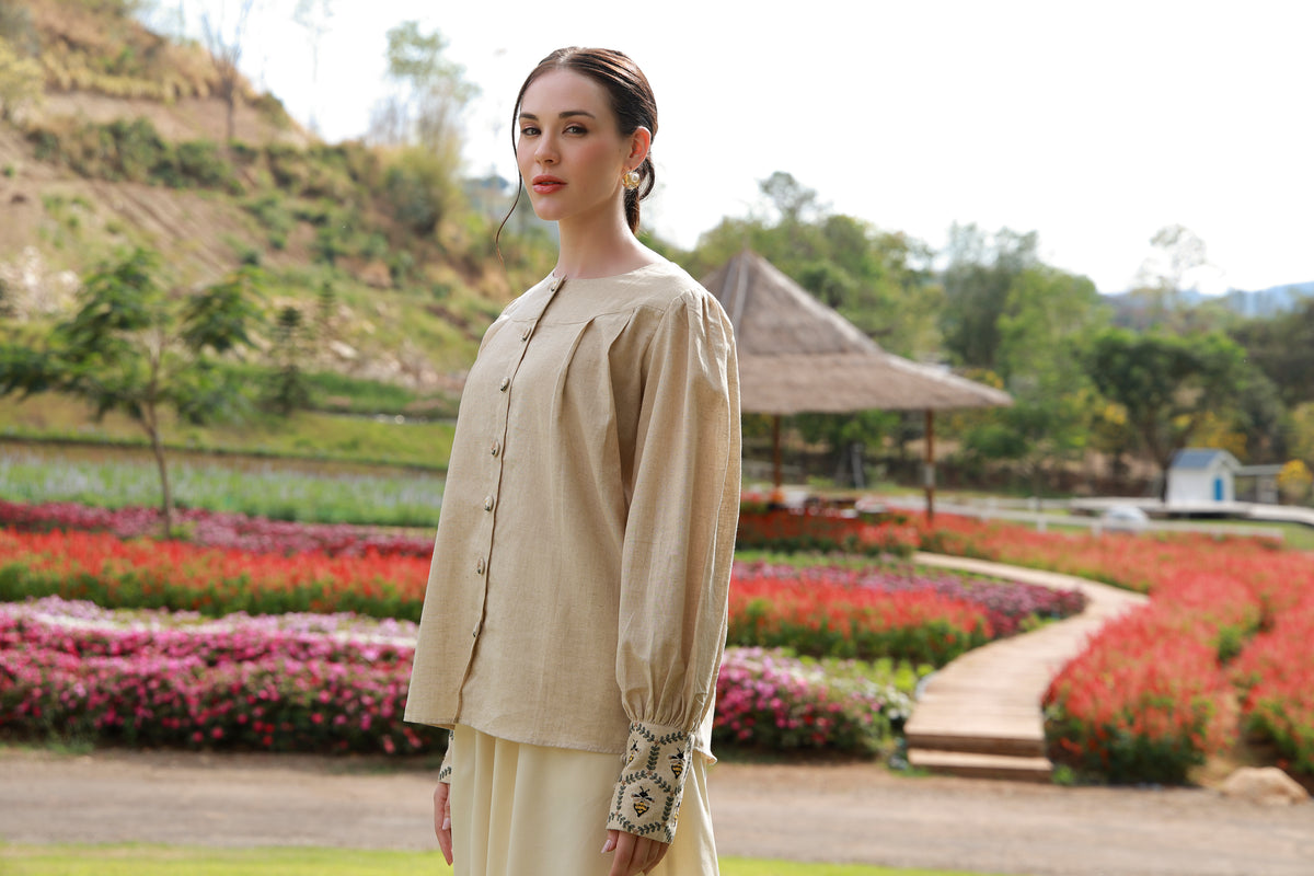 The Honeybee brown embroidered women’s shirt with honeybee detailing by Timeless by Waliya Noor