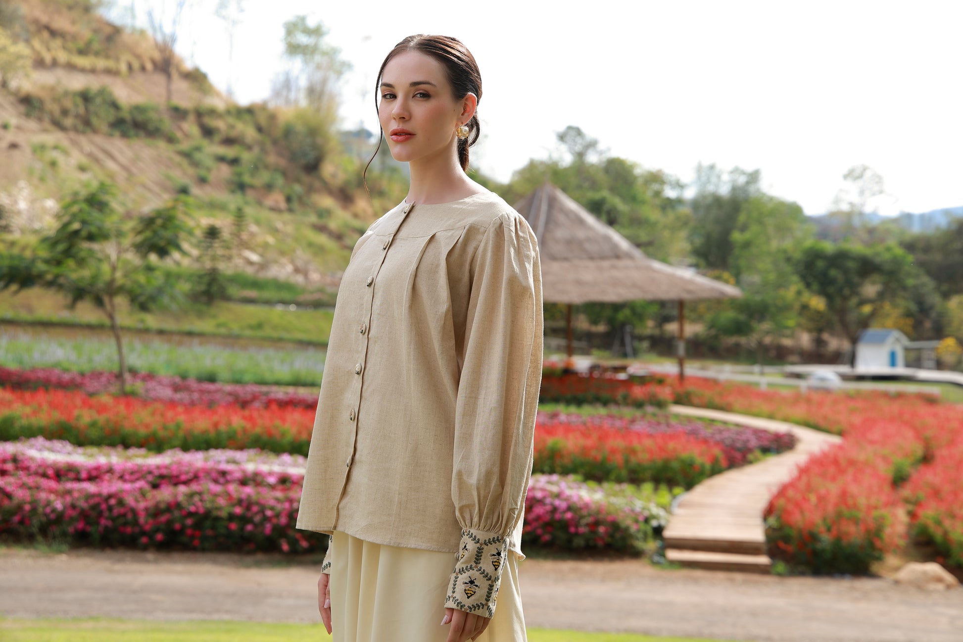 The Honeybee brown embroidered women’s shirt with honeybee detailing by Timeless by Waliya Noor