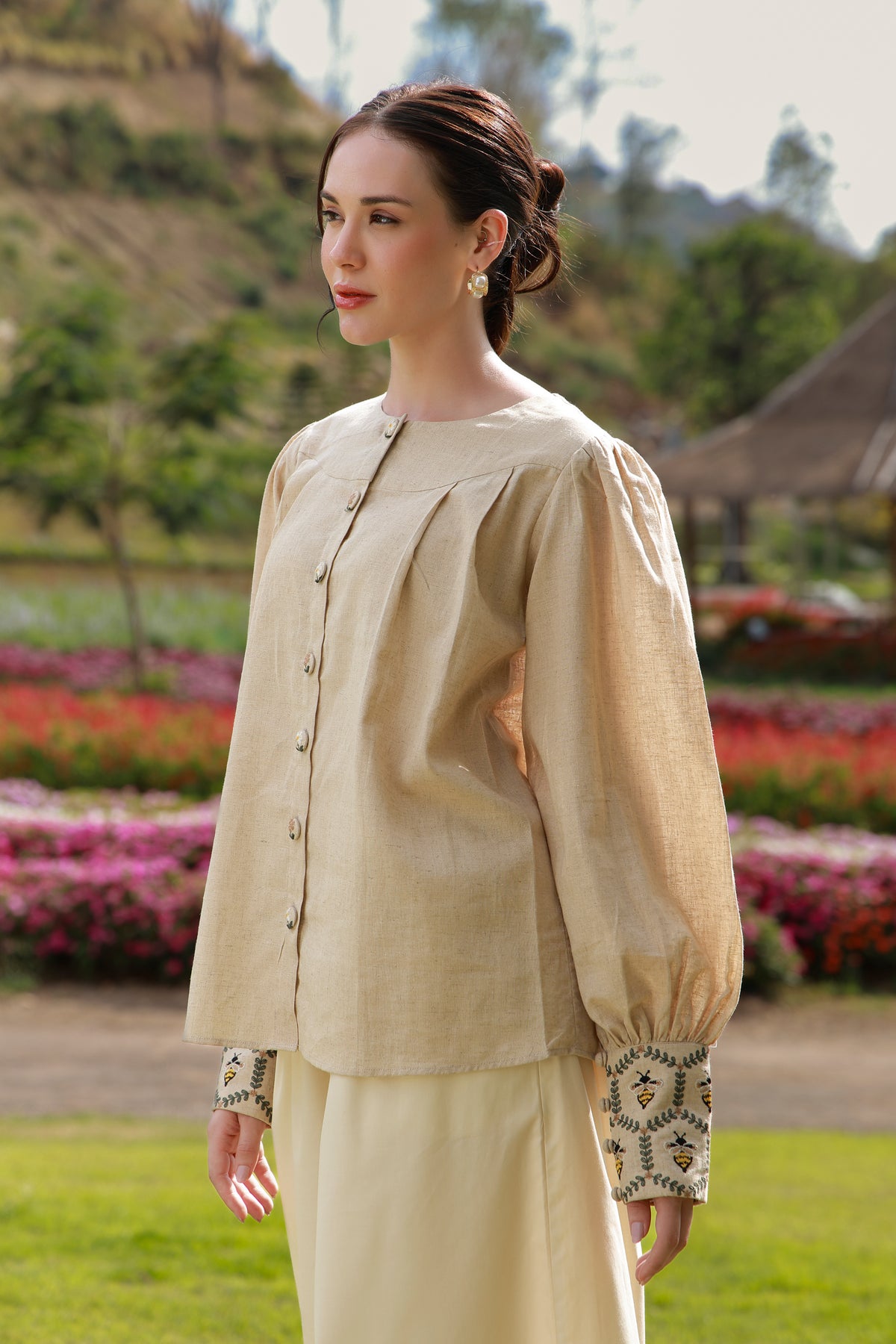 The Honeybee brown embroidered women’s shirt with honeybee detailing by Timeless by Waliya Noor