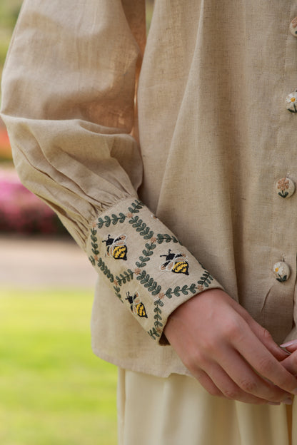 The Honeybee brown embroidered women’s shirt with honeybee detailing by Timeless by Waliya Noor