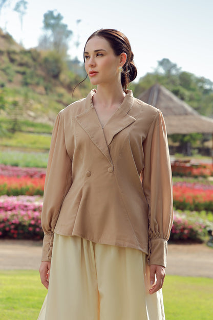 Desert Glow beige velvet coat - Timeless by Waliya Noor