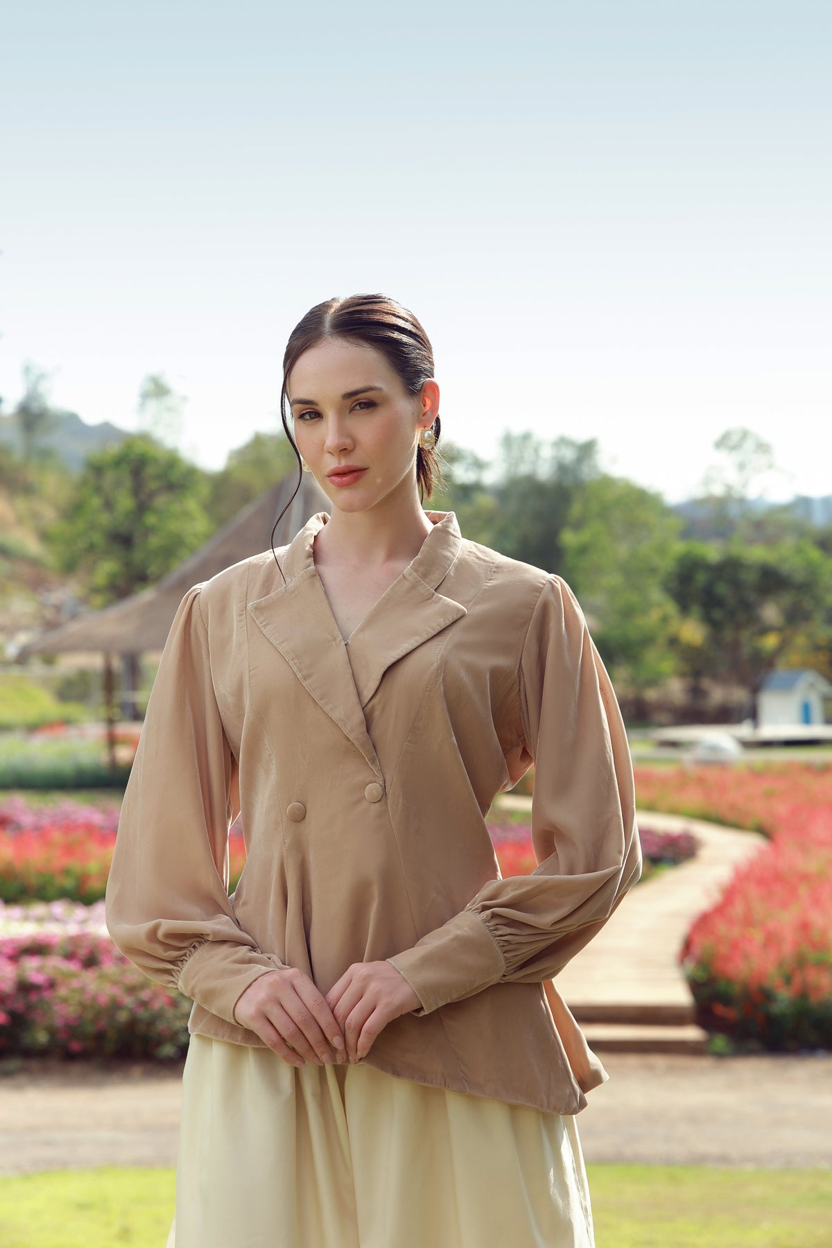 Desert Glow beige velvet coat - Timeless by Waliya Noor