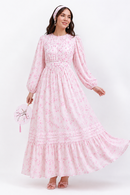 Fleur Rosé pink floral chiffon dress styled photo - Timeless by Waliya Noor