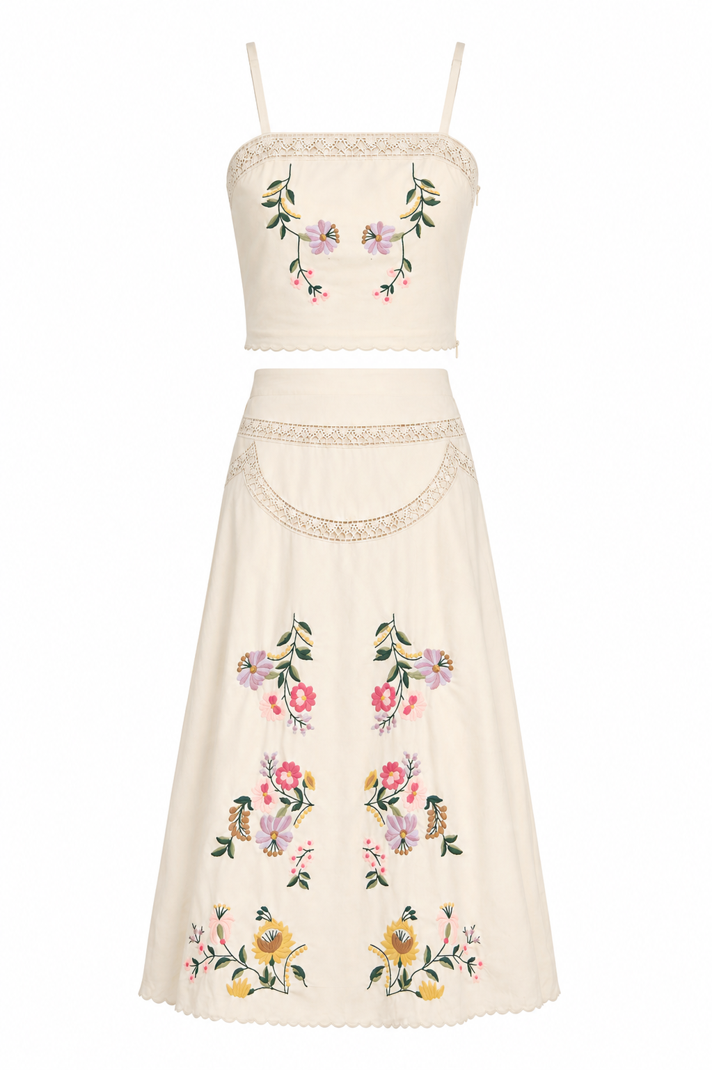 n off-white two-piece set consisting of a sleeveless crop top and a matching A-line skirt, both decorated with colorful floral embroidery and delicate lace trim.