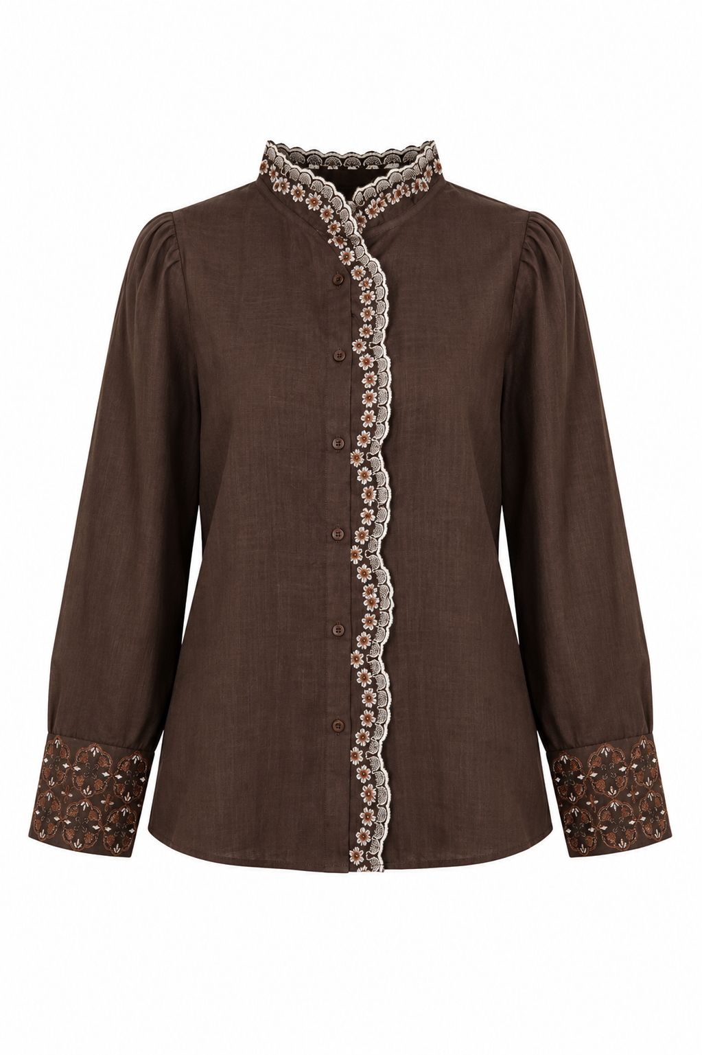 A brown long-sleeve button-up blouse with decorative scalloped trim and embroidered cuffs, shown against a plain white background.